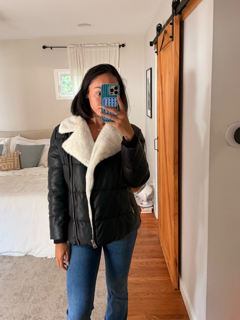 Levi's Black Faux Leather Jacket with White Shearling Collar